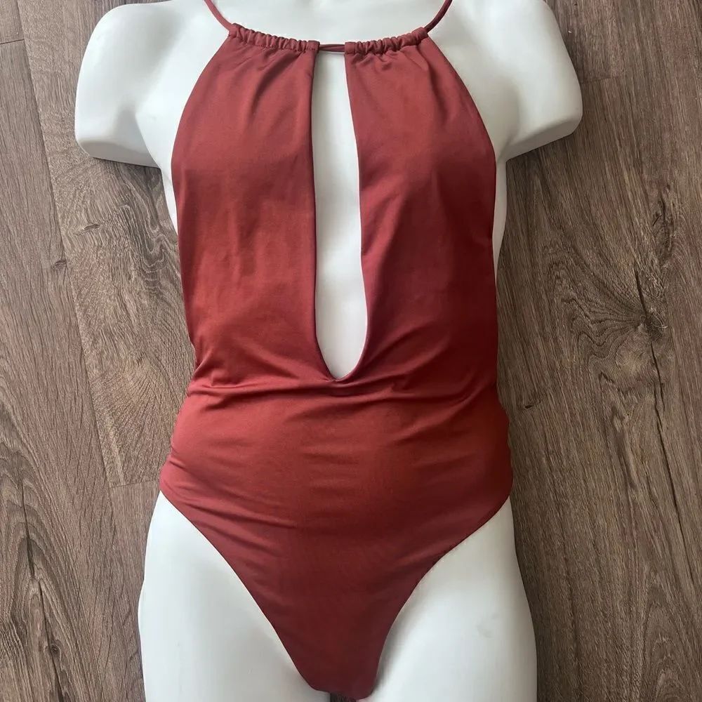 Zara Cut Halter Swimsuit Mocha Brown Sz M